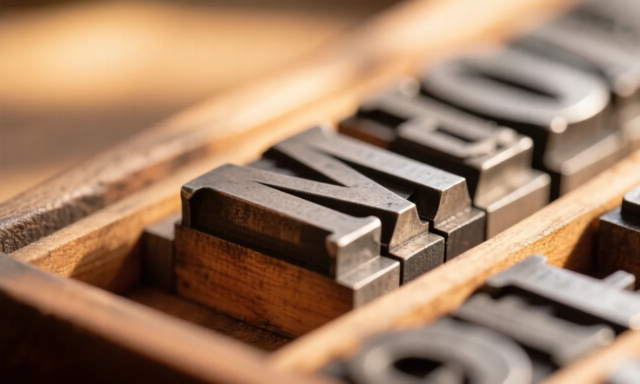 Metal letterpress type blocks in a wooden tray