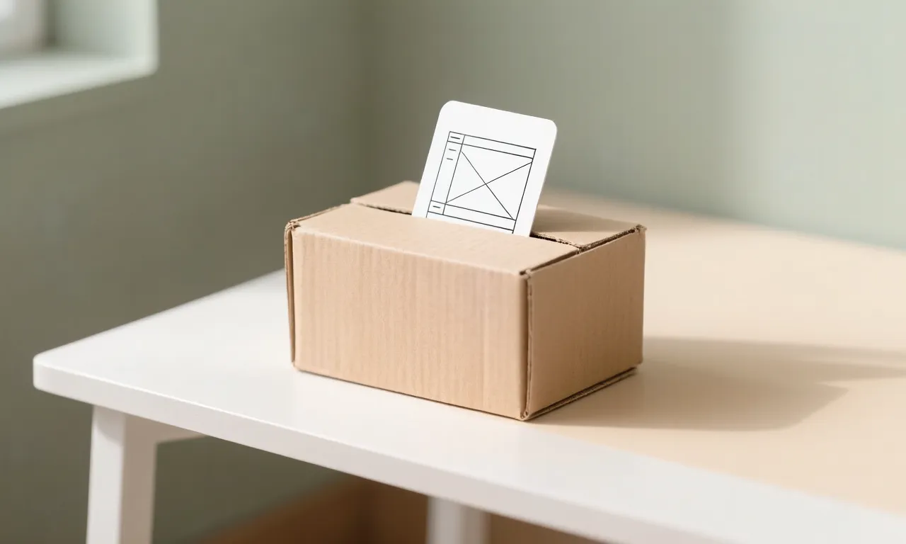 A cardboard box on a desk with a website wireframe card sticking out, standing for a site packed up to move