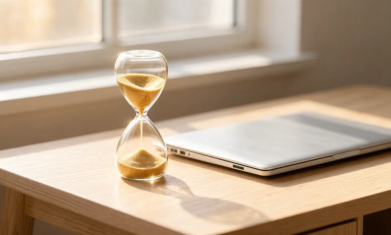 An hourglass beside a closed laptop on a wooden desk, a reminder that a cancelled site has a deadline